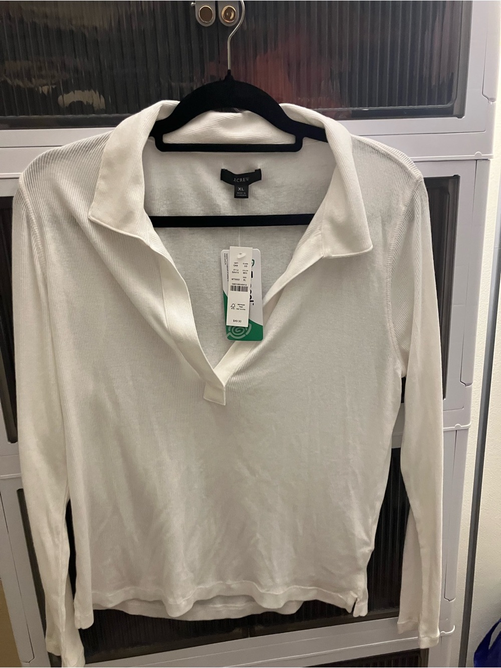 J. Crew White Long-Sleeve Polo V-Neck Top